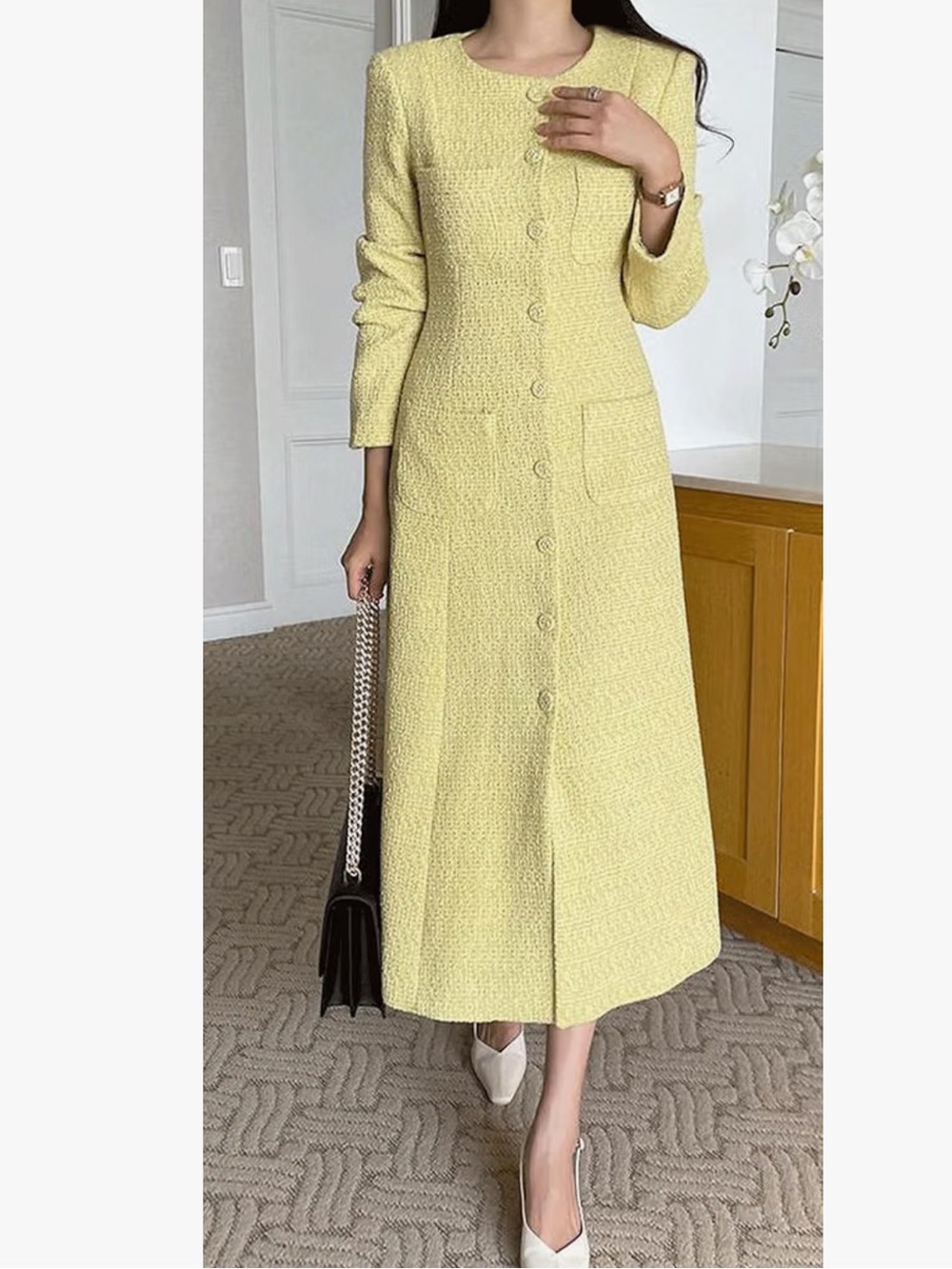 Elegant Yellow Tweed Women’s Button-Up Sweater Jacket